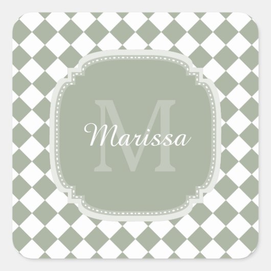 Trendy Sage Green Checked Monogrammed Name Vierkante Sticker (Voorkant)