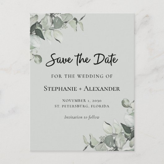 Trendy Sage Green Eucalyptus Wedding Save the Date Aankondigingskaart (Voorkant)
