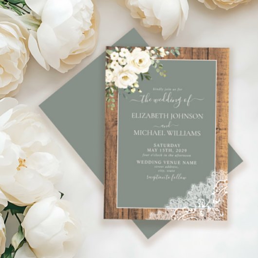 Trendy Sage Green Rustic Wood Script Wedding invul Kaart
