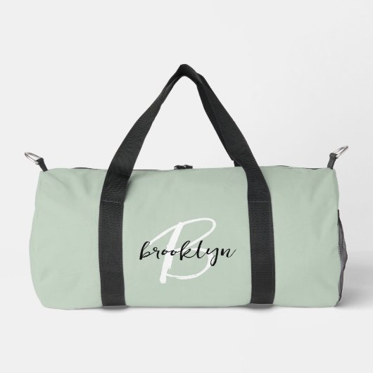 Trendy Sage Groen Zwart Wit Script Monogram Plunjezak (Voorkant)
