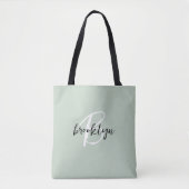 Trendy Sage Groen Zwart Wit Script Monogram Tote Bag (Voorkant)