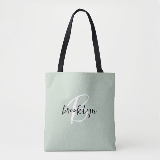Trendy Sage Groen Zwart Wit Script Monogram Tote Bag (Voorkant)
