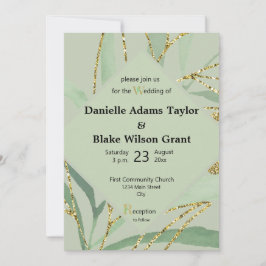 Trendy Sage Hues & Gold Glitter Wedding Invitation Kaart