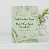 Trendy Sage Hues & Gold Glitter Wedding Invitation Kaart (Staand voorkant)