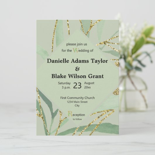 Trendy Sage Hues & Gold Glitter Wedding Invitation Kaart (Staand voorkant)