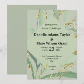 Trendy Sage Hues & Gold Glitter Wedding Invitation Kaart (Voorkant / Achterkant)