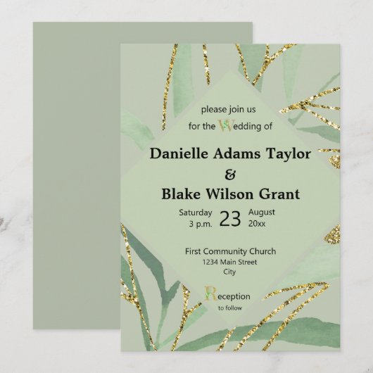 Trendy Sage Hues & Gold Glitter Wedding Invitation Kaart (Voorkant / Achterkant)