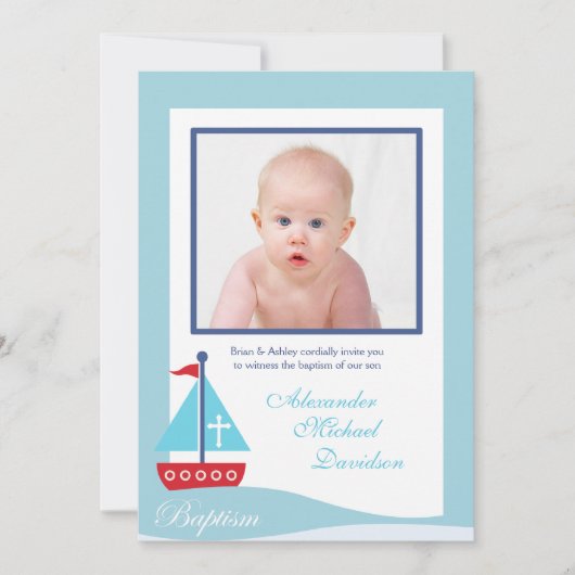 Trendy Sailboat Baptism Fotouitnodiging tweezijdig Kaart (Voorkant)