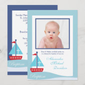 Trendy Sailboat Baptism Fotouitnodiging tweezijdig Kaart (Voorkant / Achterkant)