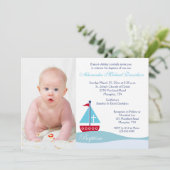 Trendy Sailboat Baptism Photo Invitation Kaart (Staand voorkant)