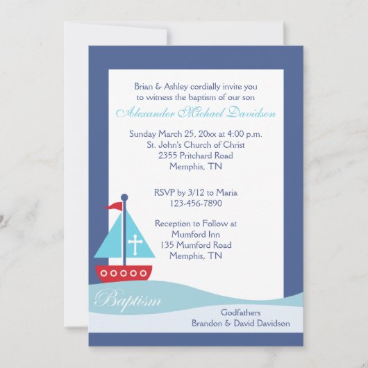 Trendy Sailboat (Navy) Baptism Invitation Kaart (Voorkant)