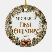 Trendy salie groen faux goud baby Eerste Kerstmis Keramisch Ornament (Voorkant)