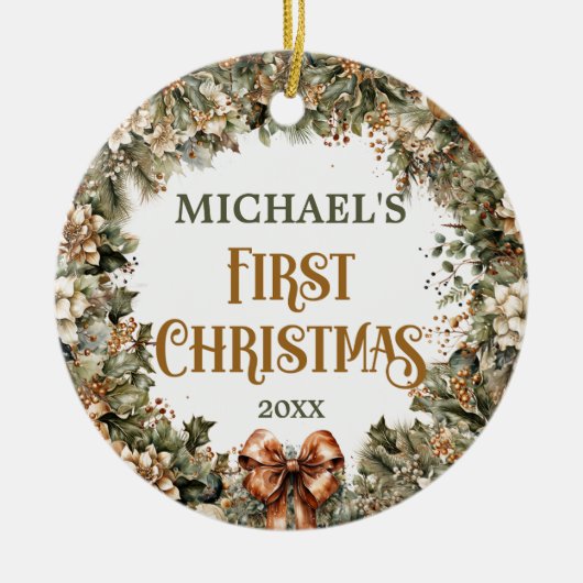 Trendy salie groen faux goud baby Eerste Kerstmis Keramisch Ornament (Voorkant)