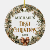 Trendy salie groen faux goud baby Eerste Kerstmis Keramisch Ornament (Achterkant)