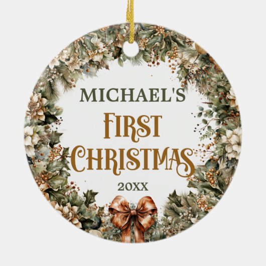 Trendy salie groen faux goud baby Eerste Kerstmis Keramisch Ornament (Achterkant)