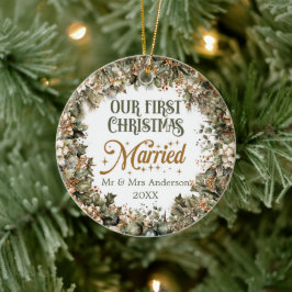 Trendy salie groen faux goud Onze Eerste Kerstmis Keramisch Ornament