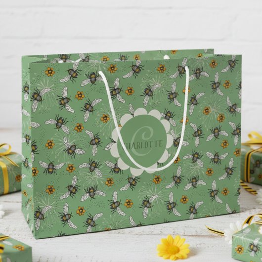 Trendy salie groene zoemende zomerbijen groot cadeauzakje