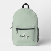 Trendy saliegroen zwart wit script monogram  bedrukte rugzak (Voorkant)