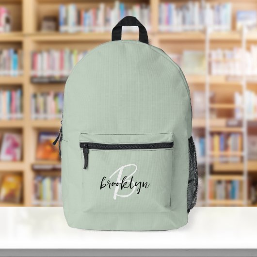 Trendy saliegroen zwart wit script monogram  bedrukte rugzak