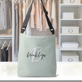 Trendy saliegroen zwart wit script monogram crossbody tas