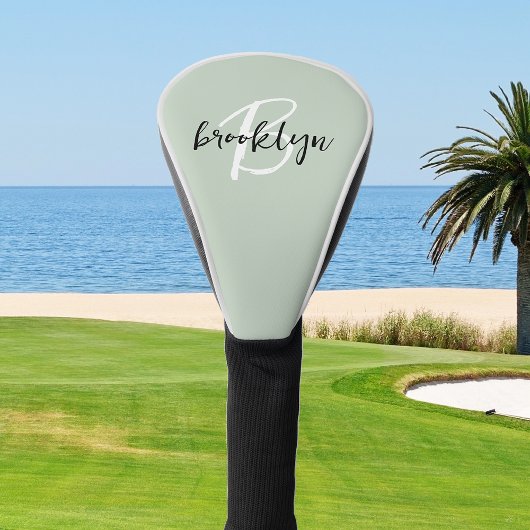 Trendy saliegroen zwart wit script monogram  golfheadcover