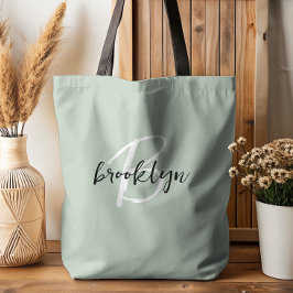Trendy saliegroen zwart wit script monogram  tote bag