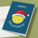 Trendy Santa Pet Pickleball Blue Christmas Feestdagen Kaart<br><div class="desc">Trendy moderne Pickleball kerstkaart. Gele pickleball bal met een rode kerstmuts. Grote foto binnen met persoonlijke vakantieboodschap. Afgeronde moderne minimalistische typografie. Alle tekstgebieden volledig personaliseerbaar. Contact voor hulp bij het personaliseren of aanpassen aan uw individuele wensen. Prettige feestdagen</div>