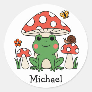 Trendy  Schattige Happy Green Frog en paddenstoele Ronde Sticker