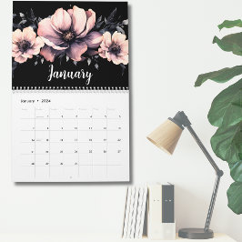 Trendy Schattige Modern Roze Zwart Bloemen Kalender