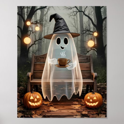Trendy Schattigee geest met koffie in het bos Poster (Voorkant)