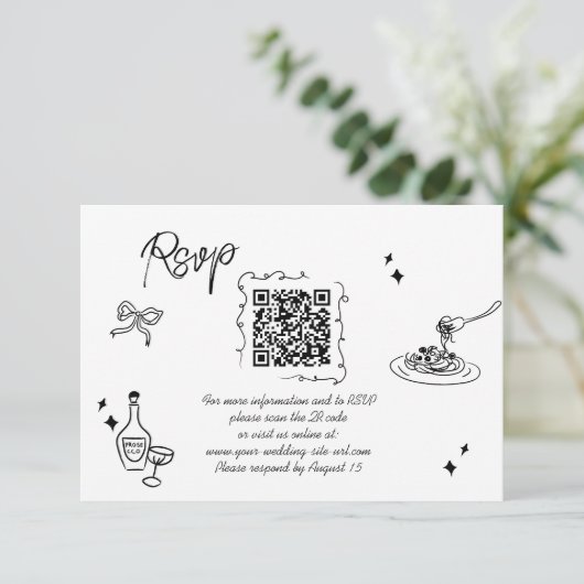 Trendy Scribble Doodle Script Wedding QR-code RSVP Kaartje (Staand voorkant)