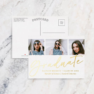 Trendy Script 3 Foto Afstuderen Echt Folie Uitnodiging Briefkaart