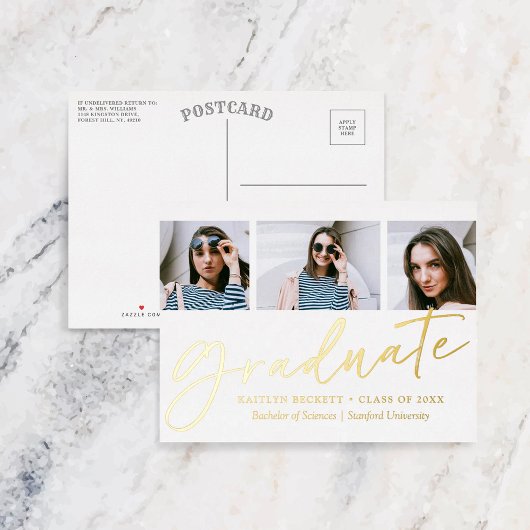 Trendy Script 3 Foto Afstuderen Echt Folie Uitnodiging Briefkaart