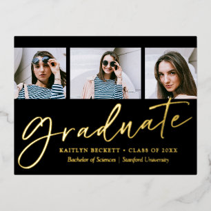 Trendy Script 3 Foto Afstuderen Real Folie Uitnodiging Briefkaart