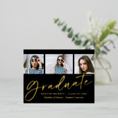 Trendy Script 3 Foto Afstuderen Real Folie Uitnodiging Briefkaart (Staand Voorkant)