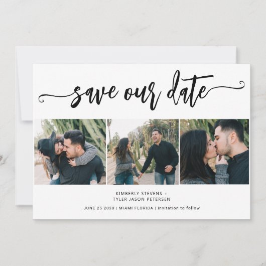 Trendy script 3 foto moderne bruiloft save the date (Voorkant)