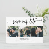Trendy script 3 foto moderne bruiloft save the date (Staand voorkant)