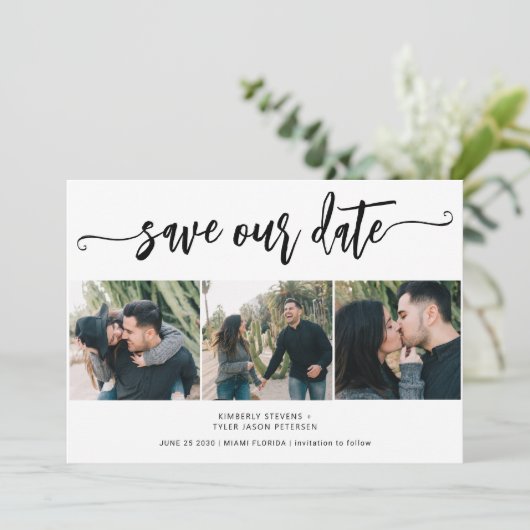 Trendy script 3 foto moderne bruiloft save the date (Staand voorkant)