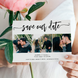 Trendy script 3 foto moderne bruiloft save the date