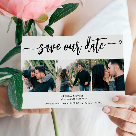 Trendy script 3 foto moderne bruiloft save the date