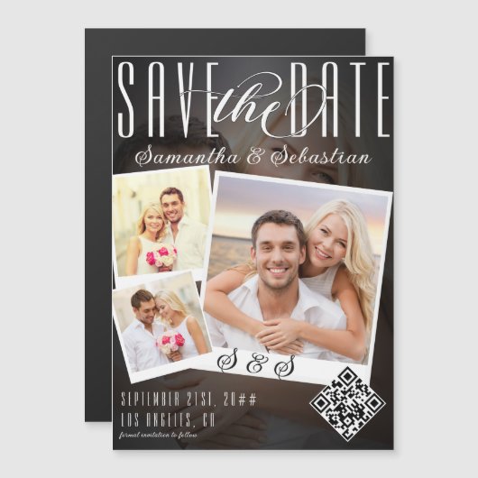 Trendy Script 3 Foto Moderne QR-code Sla de datum  Magnetische Uitnodiging (Voorkant / Achterkant)