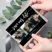 Trendy script 3 foto moderne zwarte bruiloft save the date