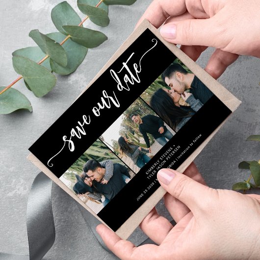 Trendy script 3 foto moderne zwarte bruiloft save the date