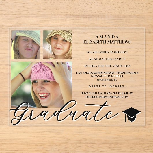 Trendy Script 3 foto zwart-wit Afstuderen Acryl Uitnodigingen (Voorkant)