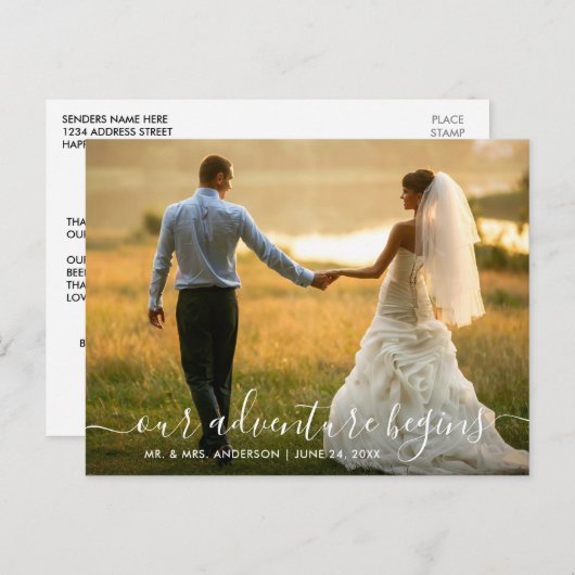 Trendy Script Adventure Begint Huwelijk Dank U Briefkaart (Voorkant / Achterkant)