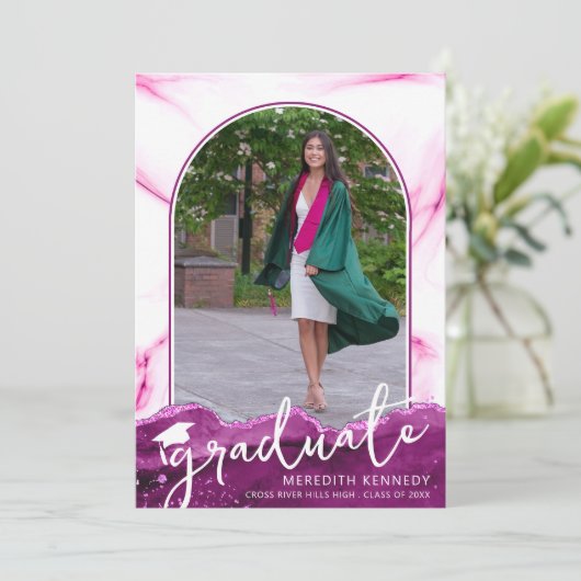 Trendy Script Arch Pink Magenta Glitter 2 Foto Aankondiging (Staand voorkant)