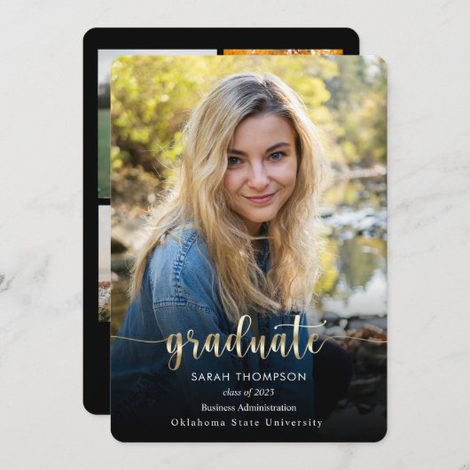 Trendy Script Black Gold Photo Collage Afstuderen Aankondiging (Voorkant / Achterkant)