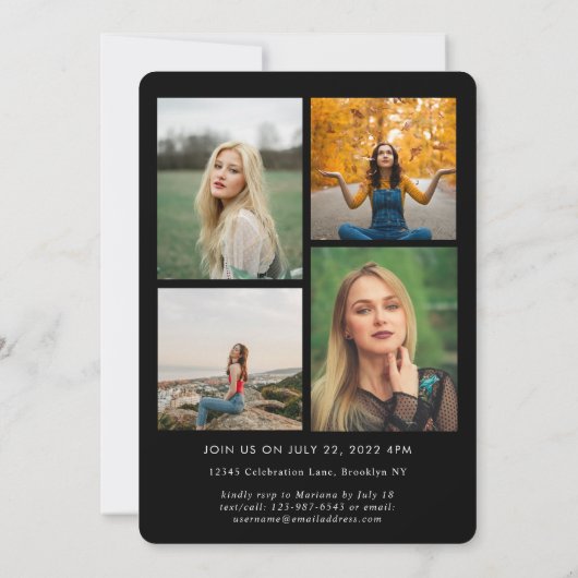 Trendy Script Black Gold Photo Collage Afstuderen Aankondiging (Achterkant)