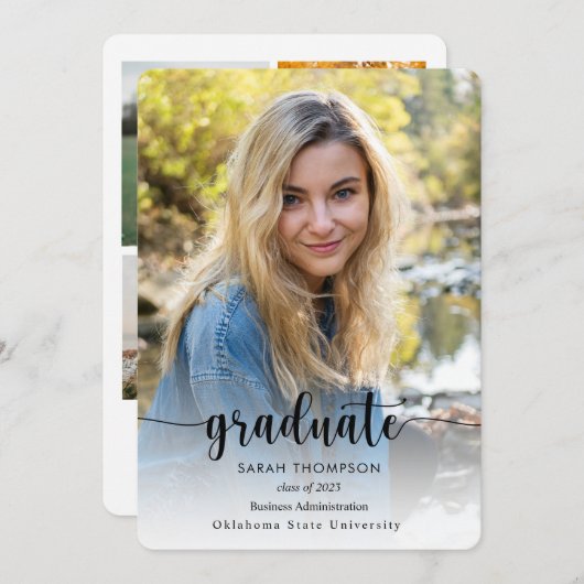 Trendy Script Black White Photo Collage Afstuderen Aankondiging (Voorkant / Achterkant)