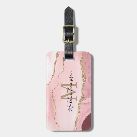 Trendy Script Blush Pink Agate Geode Gold Monogram Bagagelabel (Voorkant verticaal)